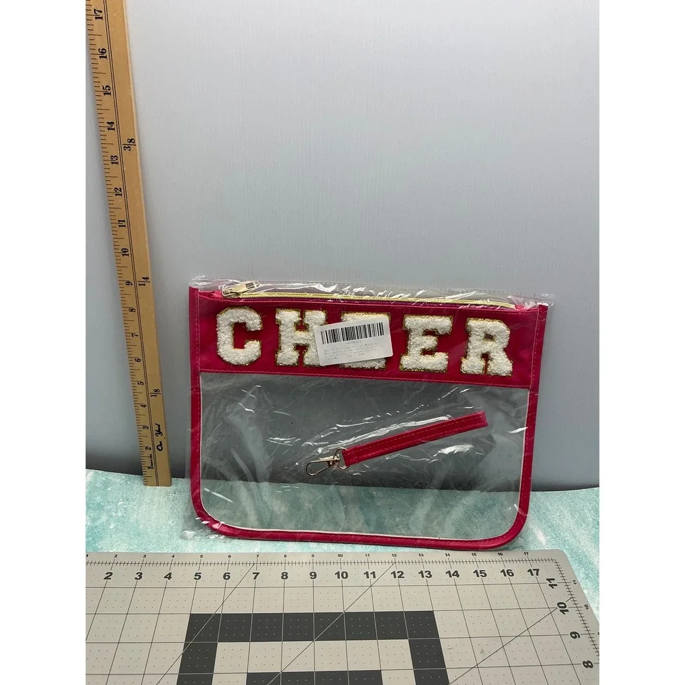 Burskit Pink Clear Cheer Bag Chenille Patch Stadium Approved Wristlet Pouch NEW